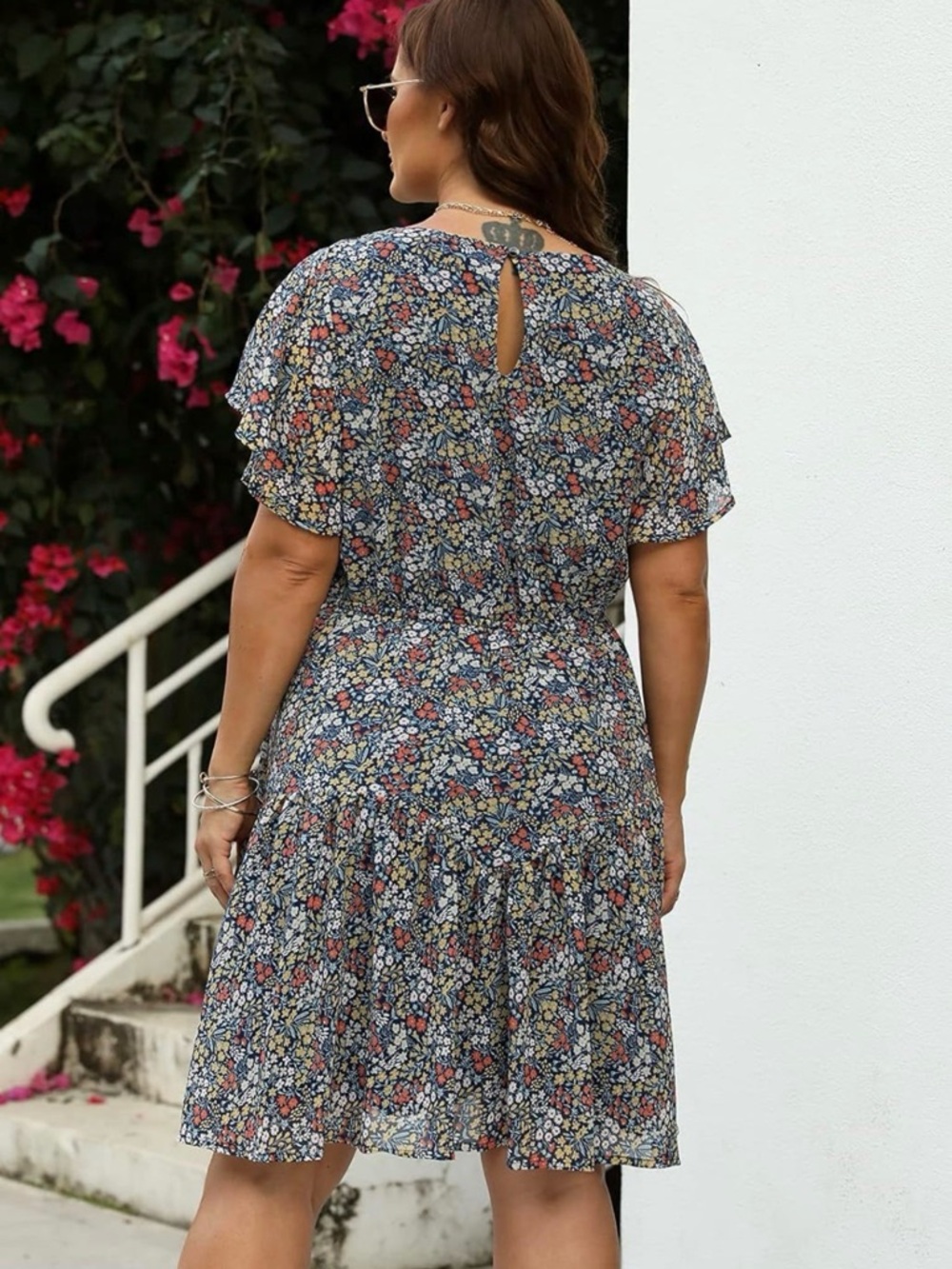 Nemidor Navy Yellow Boho Midi Chiffon Print Floral Dress with Ruffle Sleeve (24) - Picture 2 of 5
